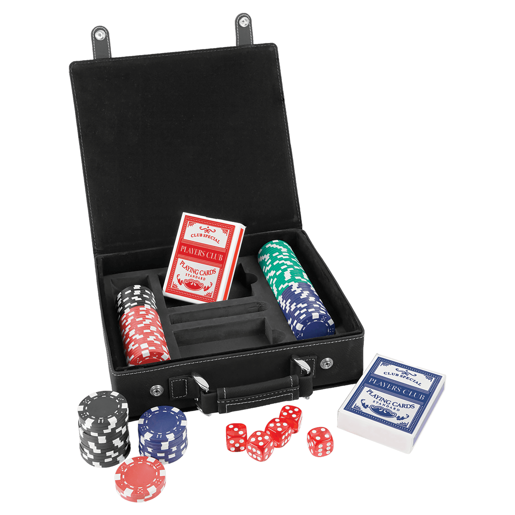 Laseroitavat nahkaiset pokeri-, kortti- ja noppasetit
