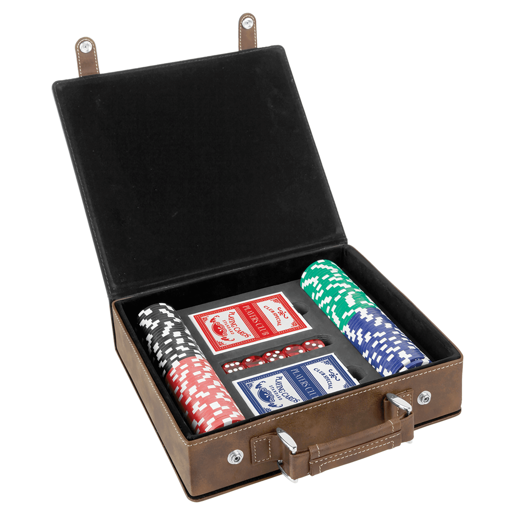 Laseroitavat nahkaiset pokeri-, kortti- ja noppasetit