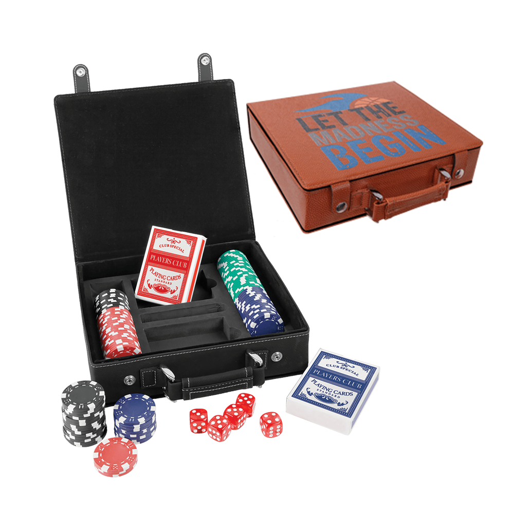 Laseroitavat nahkaiset pokeri-, kortti- ja noppasetit