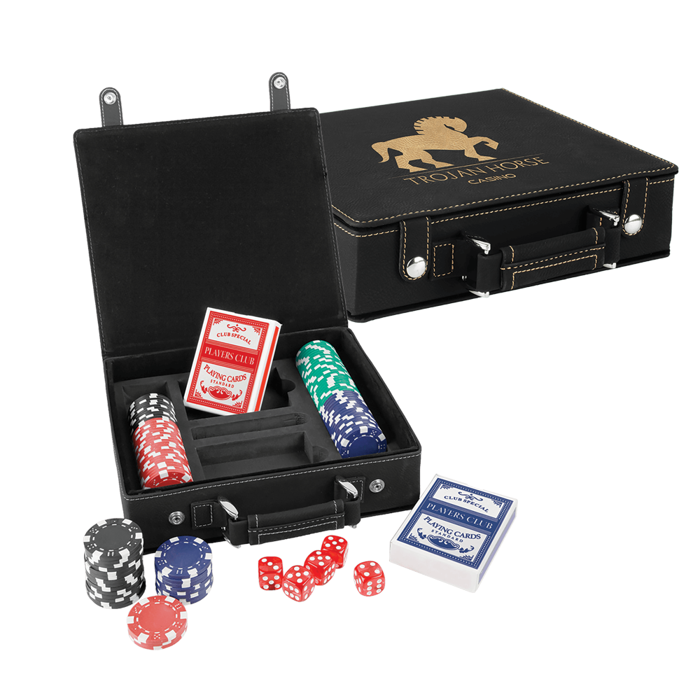 Laseroitavat nahkaiset pokeri-, kortti- ja noppasetit