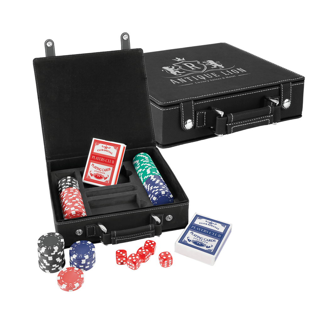 Laseroitavat nahkaiset pokeri-, kortti- ja noppasetit