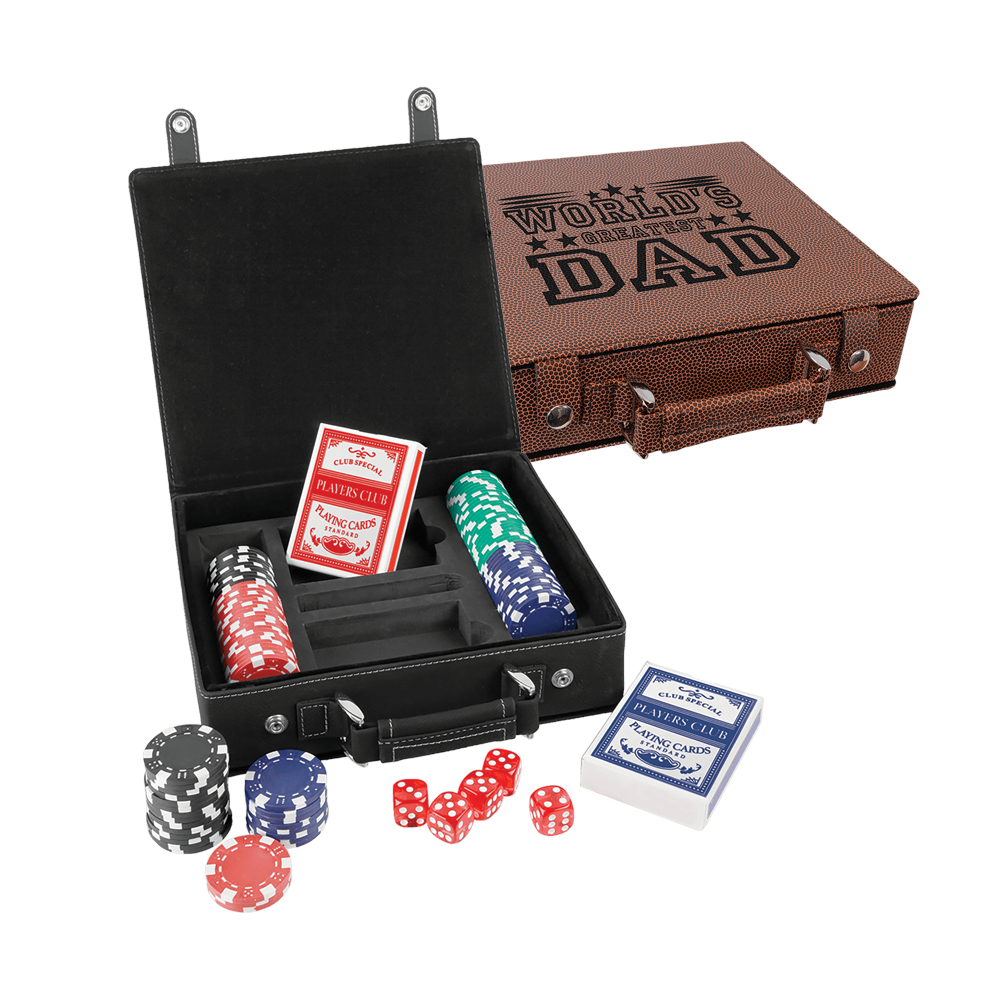 Laseroitavat nahkaiset pokeri-, kortti- ja noppasetit
