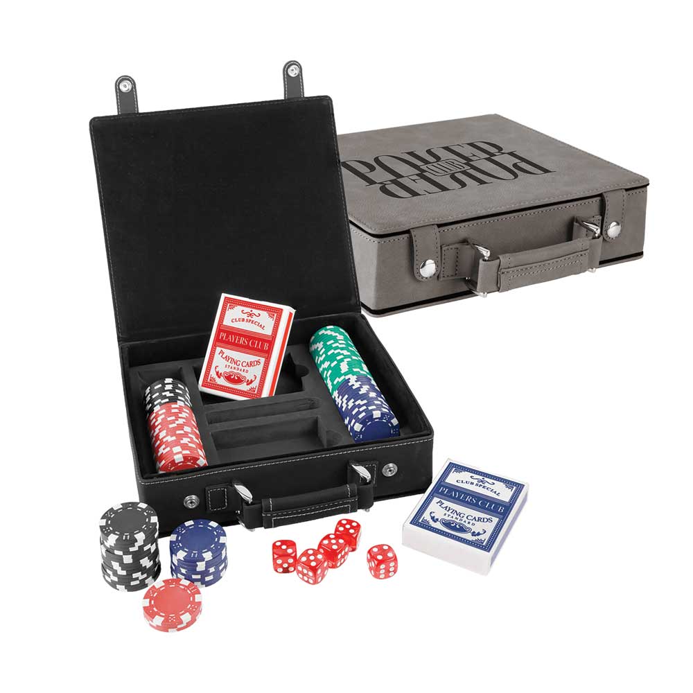 Laseroitavat nahkaiset pokeri-, kortti- ja noppasetit