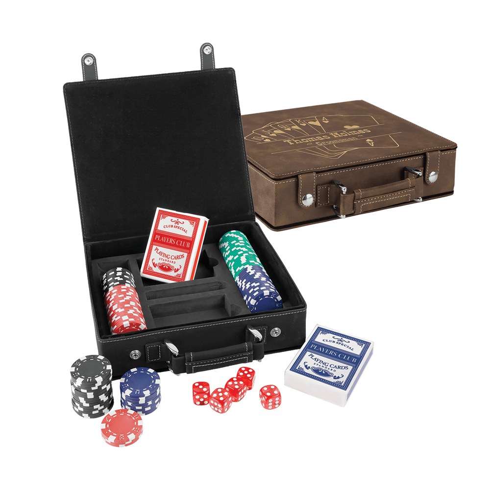 Laseroitavat nahkaiset pokeri-, kortti- ja noppasetit